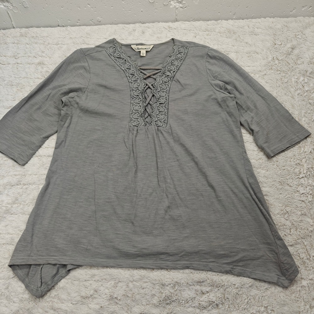 Tantrums Tunic Top Womens L Boho Gray Cotton Peasant Cottagecore Lace Coquette